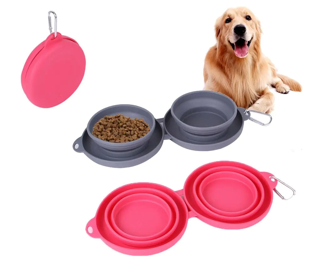 Large Foldable double Dog food and water bowl